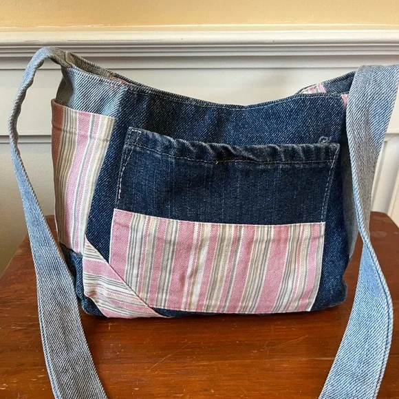 Casual Handmade Upcycled Denim and Pink Striped Reversible Shoulder Bag - Picture 2 of 5